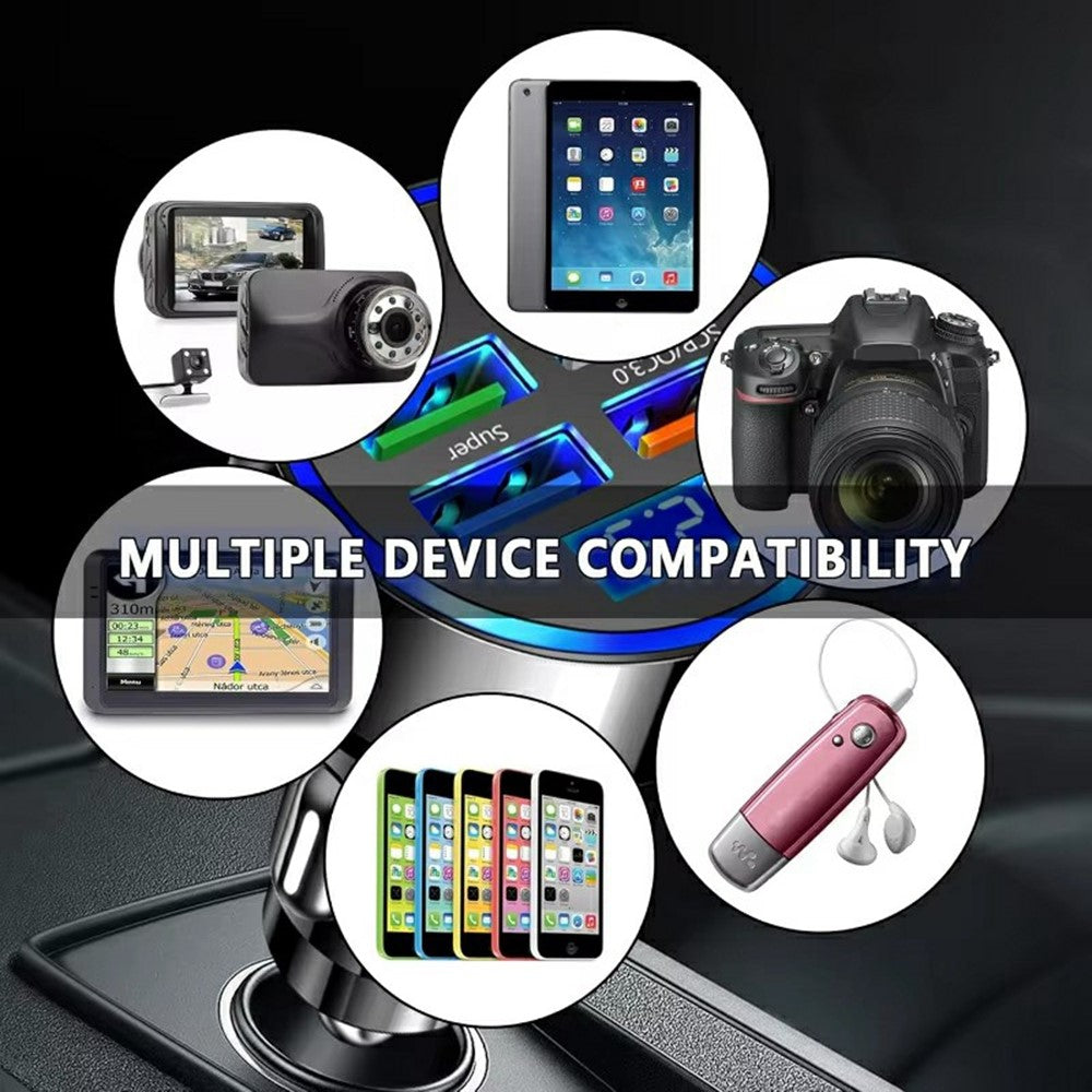 100W High Power 6-Port Car Charger PD QC3.0 Fast Charging Adapter with Voltage Display