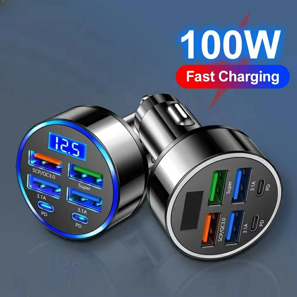 100W High Power 6-Port Car Charger PD QC3.0 Fast Charging Adapter with Voltage Display