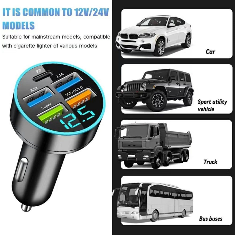 100W High Power 6-Port Car Charger PD QC3.0 Fast Charging Adapter with Voltage Display