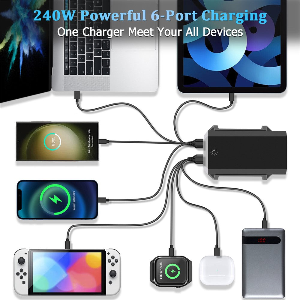 HHW 240W GaN USB-C 6-Port Charger Station PD Power Adapter with Color Display for Phone / Laptop / Earphones