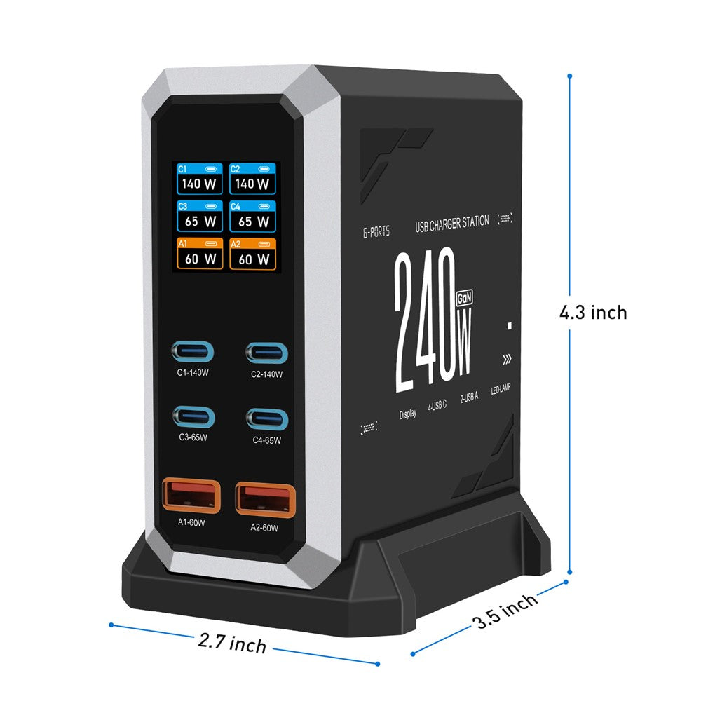 HHW 240W GaN USB-C 6-Port Charger Station PD Power Adapter with Color Display for Phone / Laptop / Earphones