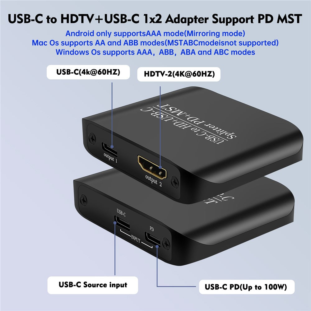 NK-E70 Type-C to HD + Type-C Splitter 4K 60Hz MST / SST Display Adapter Support PD Charging